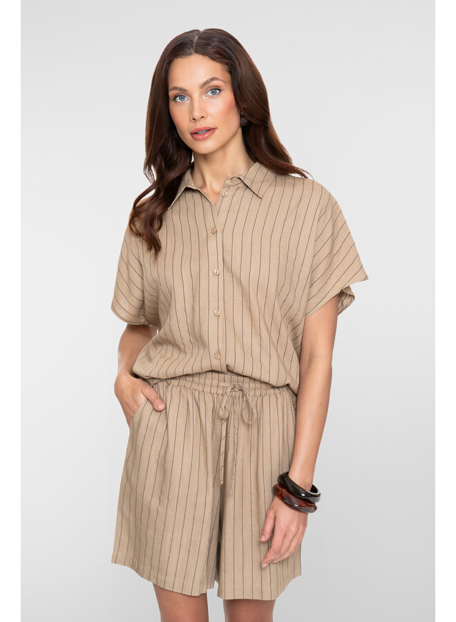 63423-14 745 Geisha Blouse linen stripes s/sl  taupe/black