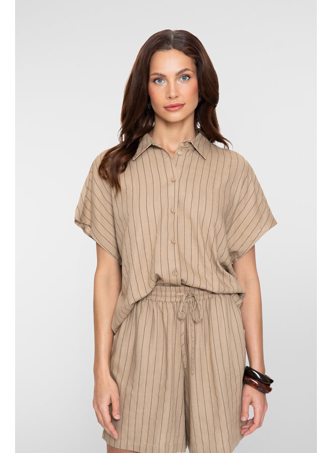 63423-14 745 Geisha Blouse linen stripes s/sl  taupe/black