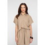63423-14 745 Geisha Blouse linen stripes s/sl  taupe/black