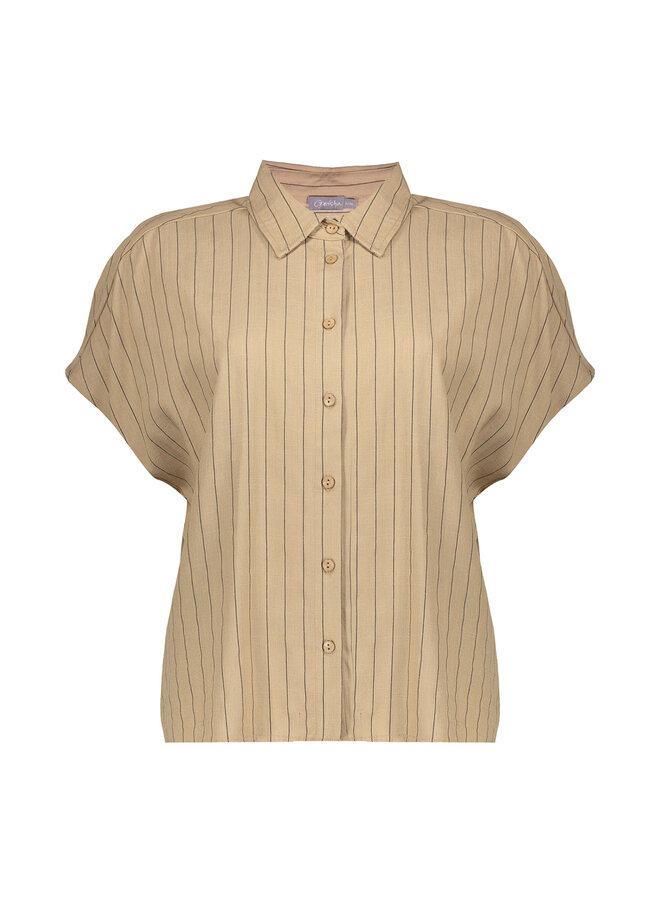 63423-14 745 Geisha Blouse linen stripes s/sl  taupe/black