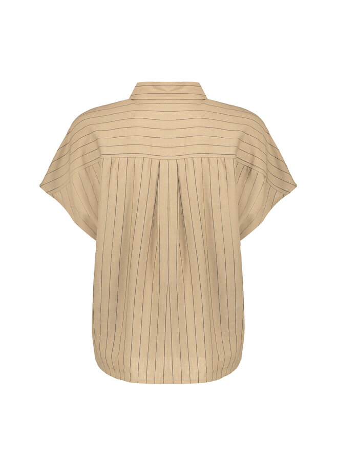 63423-14 745 Geisha Blouse linen stripes s/sl  taupe/black