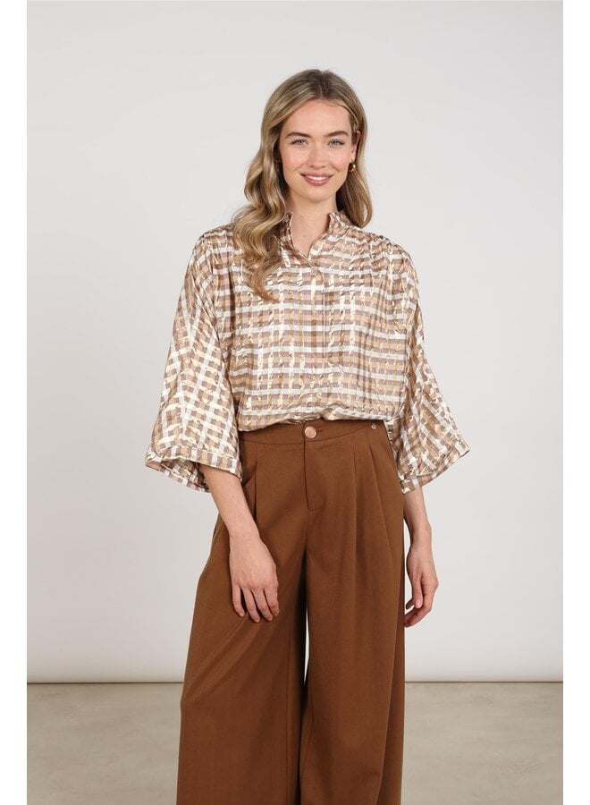 NKF02215 318 Nukus Maya Blouse Check Offwhite/Toffee