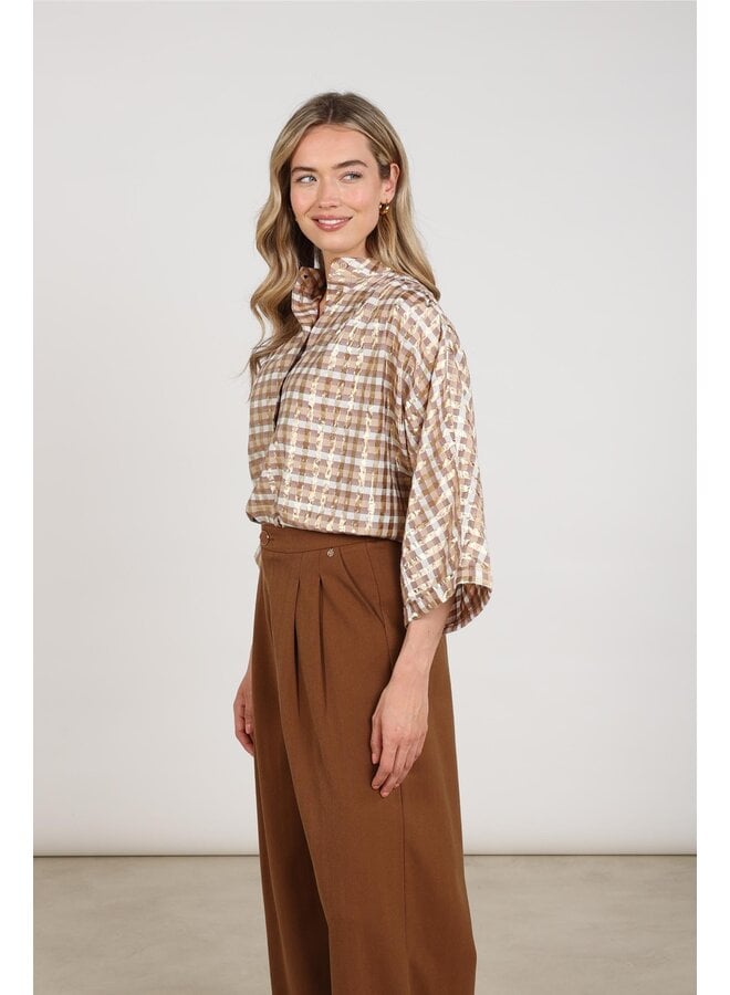 NKF02215 318 Nukus Maya Blouse Check Offwhite/Toffee