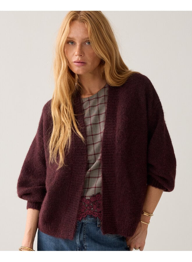 7s5844-7997 335 Summum Puff sleeve cardigan Cozy melange knit Dark burgundy