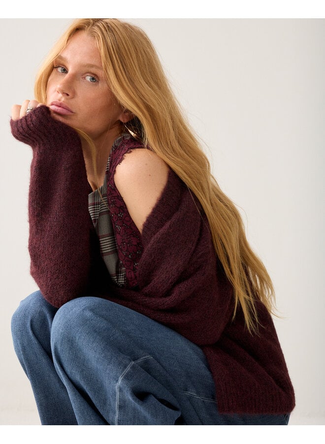 7s5844-7997 335 Summum Puff sleeve cardigan Cozy melange knit Dark burgundy