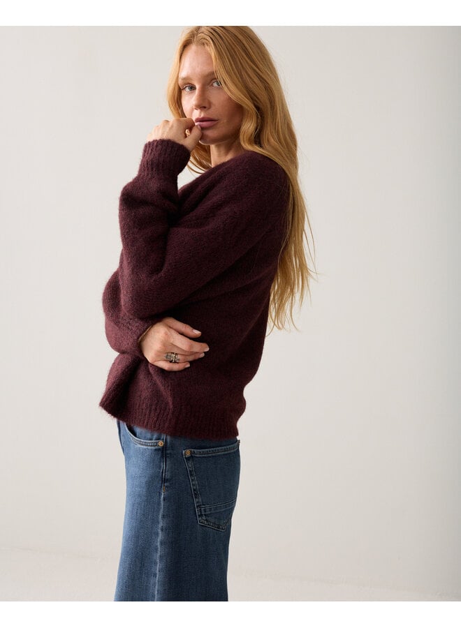 7s5844-7997 335 Summum Puff sleeve cardigan Cozy melange knit Dark burgundy