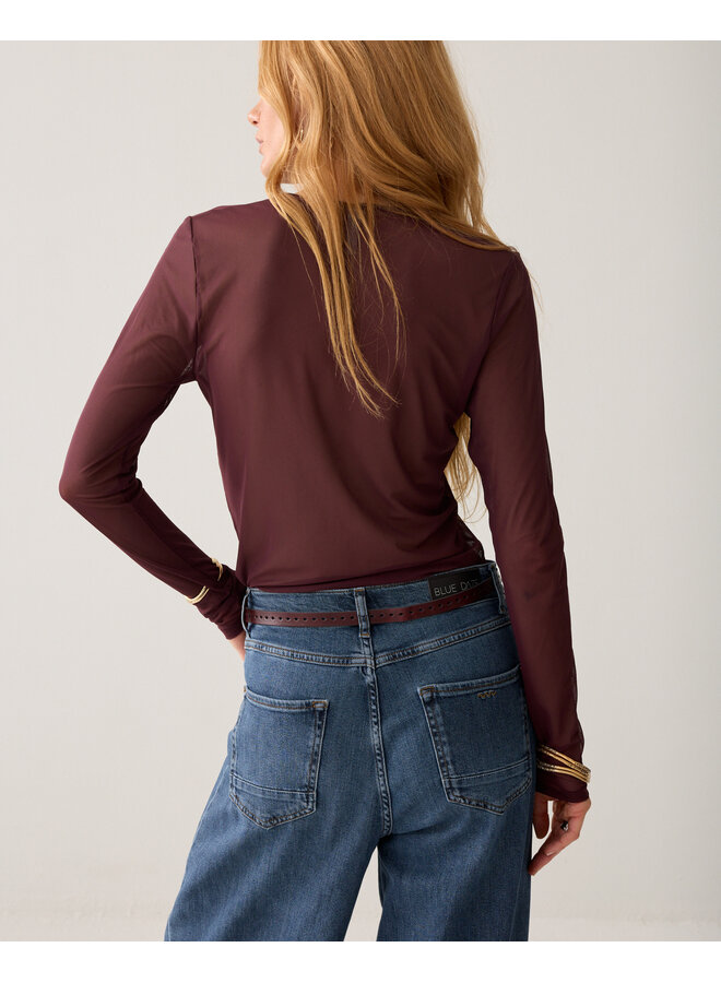 3s5394-30180 335 Summum Round Neck Top Long Sleeve Mesh Solid Dark burgundy