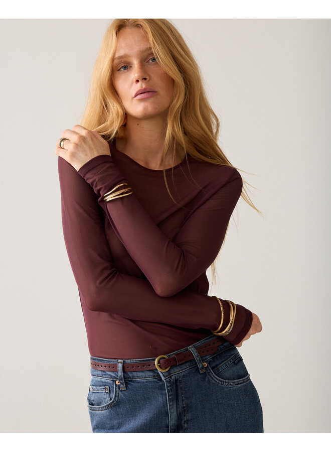 3s5394-30180 335 Summum Round Neck Top Long Sleeve Mesh Solid Dark burgundy