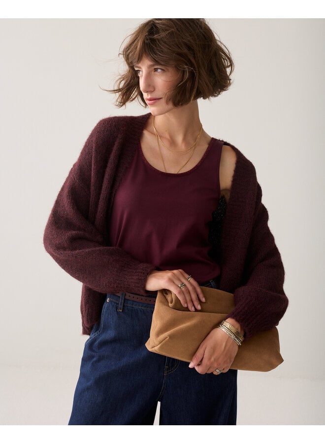 7s5844-7997 335 Summum Puff sleeve cardigan Cozy melange knit Dark burgundy