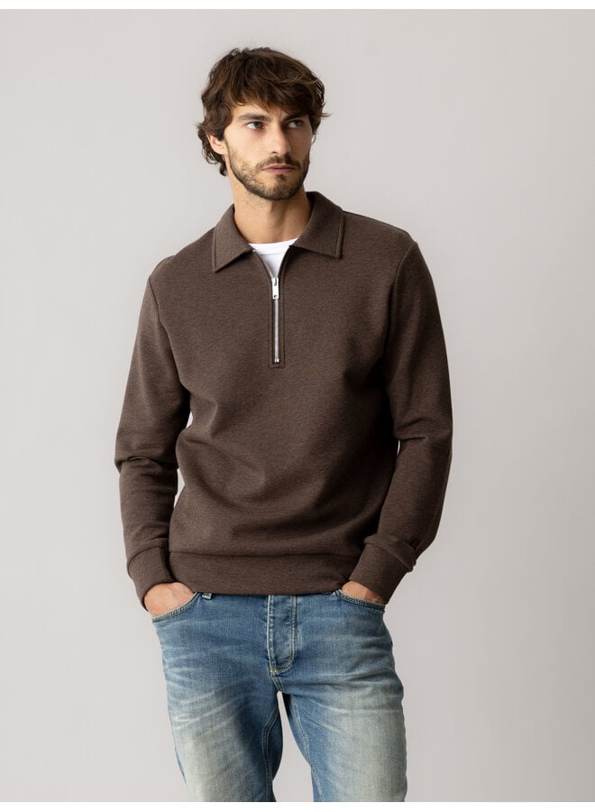 511110 591 MosMosh MMGAbel Zip Polo Sweat Chocolate Brown Melange