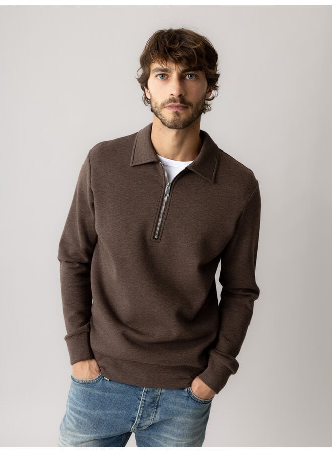 511110 591 MosMosh MMGAbel Zip Polo Sweat Chocolate Brown Melange