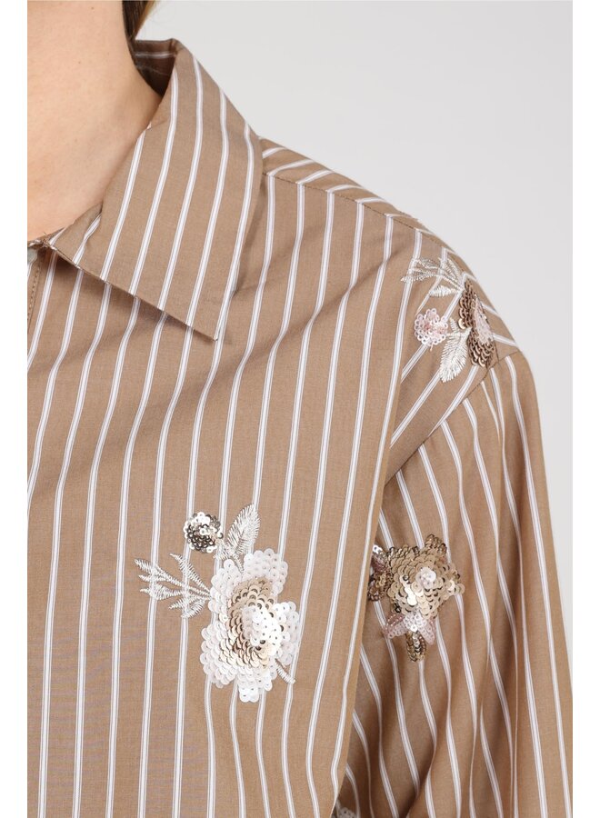 NKF02137 340 Nukus Newport Blouse Stripe Flower Taupe/Offwhite