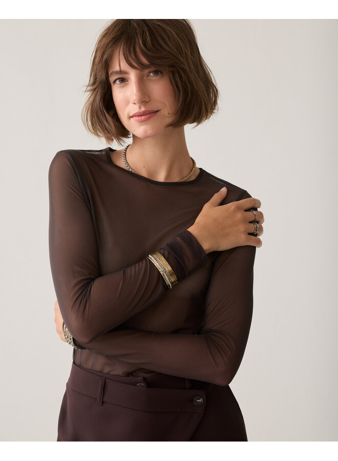 3s5394-30180 754 Summum Round Neck Top Long Sleeve Mesh Solid Dark chocolate