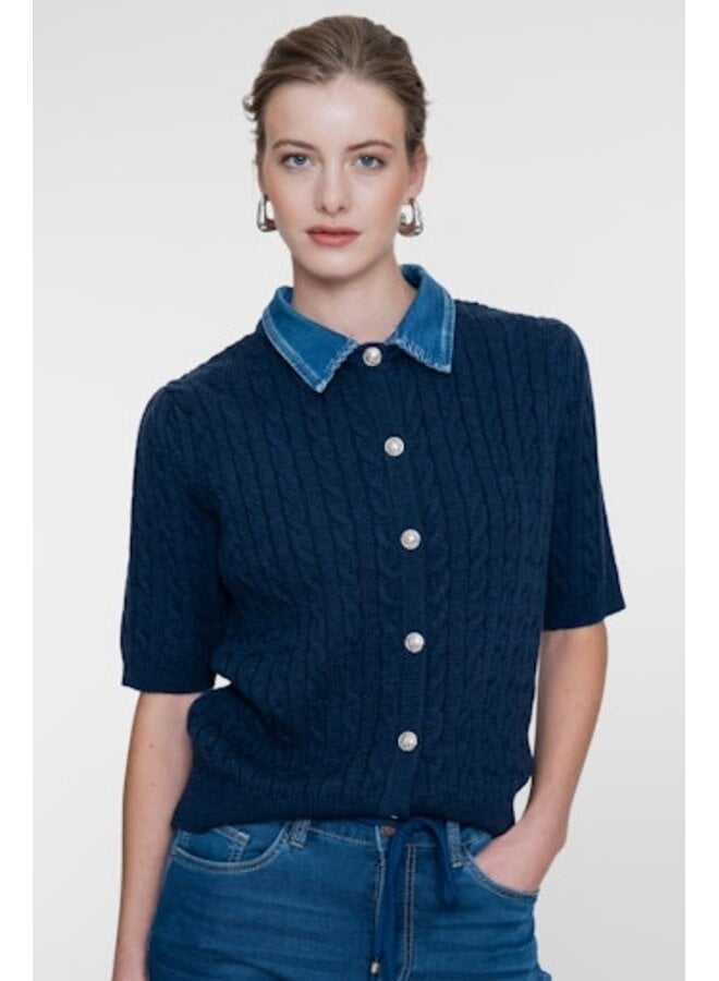 64507-10 675 Geisha Cardigan + denim collar navy/denim