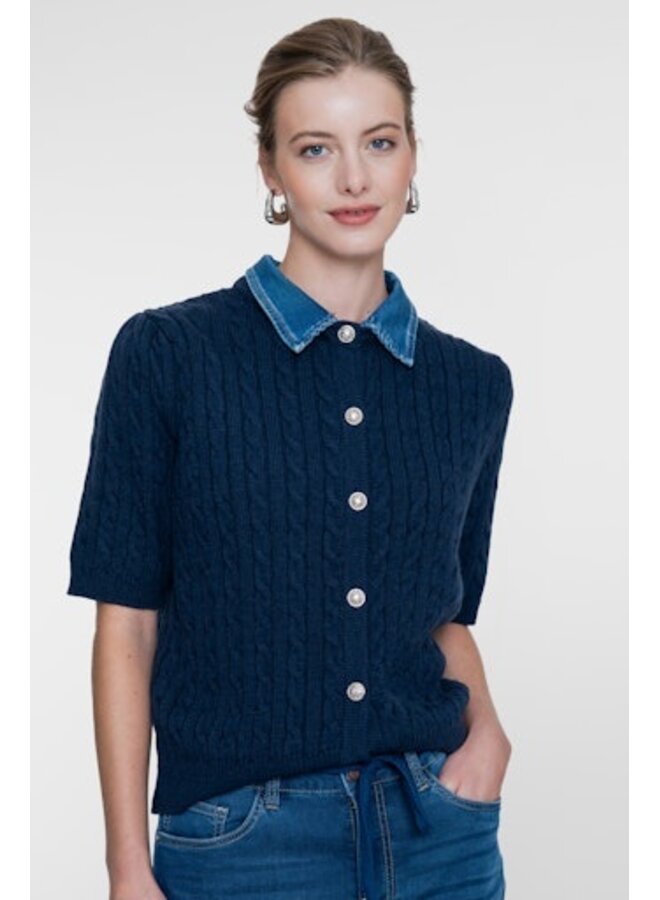 64507-10 675 Geisha Cardigan + denim collar navy/denim
