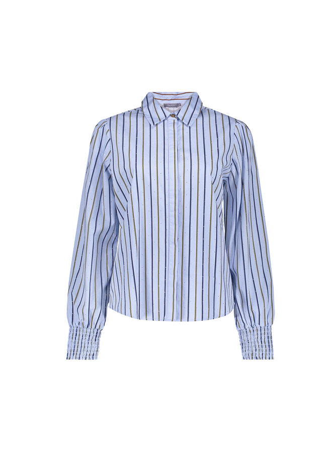 63566-21 600 Geisha Blouse pinstripe rhinestones light blue