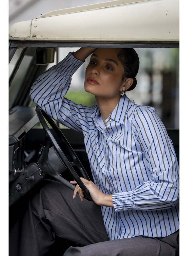 63566-21 600 Geisha Blouse pinstripe rhinestones light blue