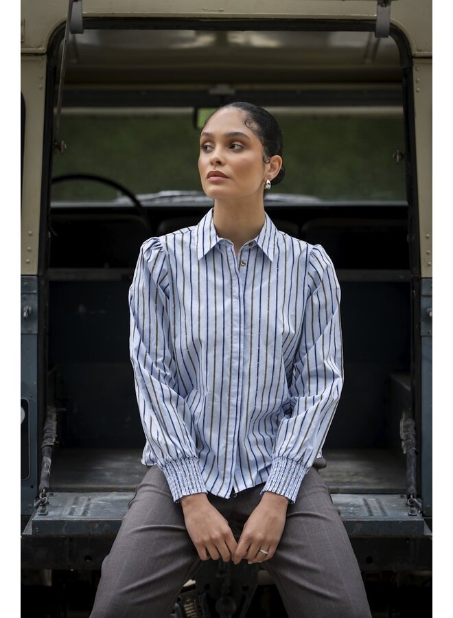 63566-21 600 Geisha Blouse pinstripe rhinestones light blue