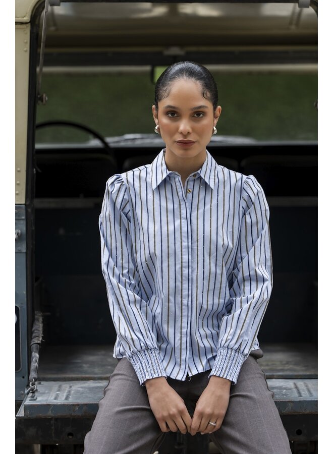 63566-21 600 Geisha Blouse pinstripe rhinestones light blue