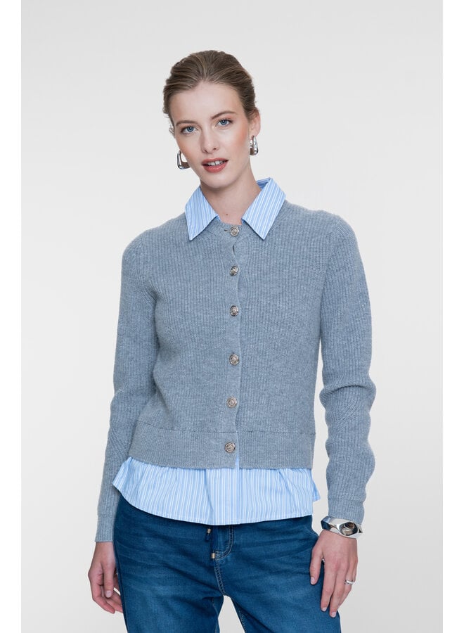 64514-10 900 Geisha Cadigan with stripe grey melange/blue-white stripe