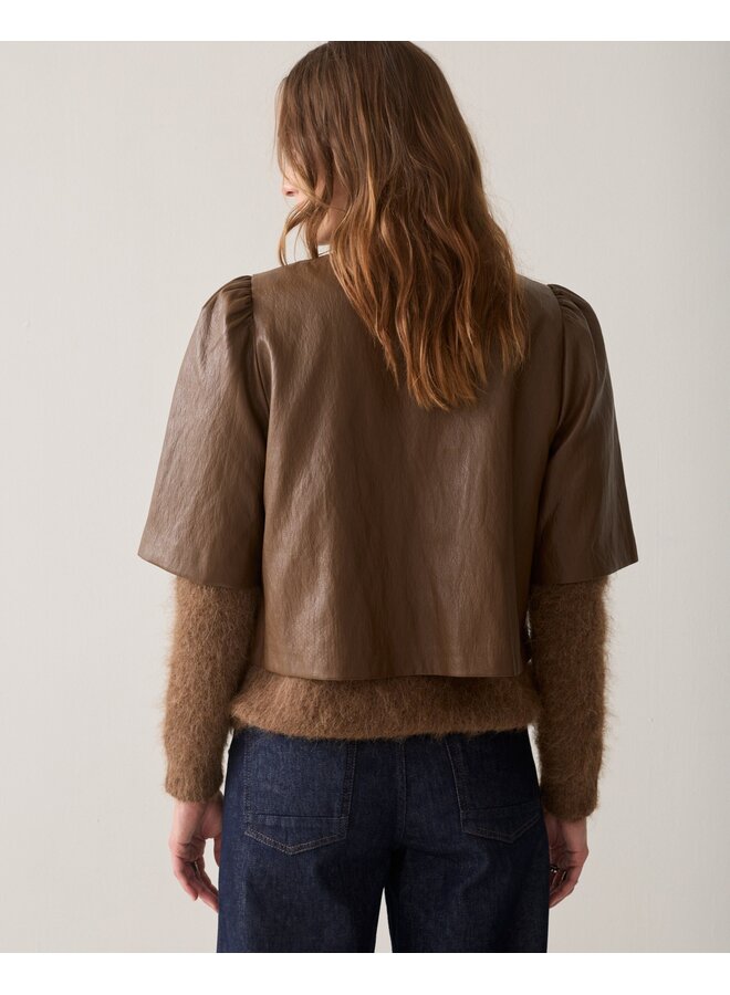 2s3578-12526 756 Summum Puff sleeve top Soft faux leather  Sepia brown