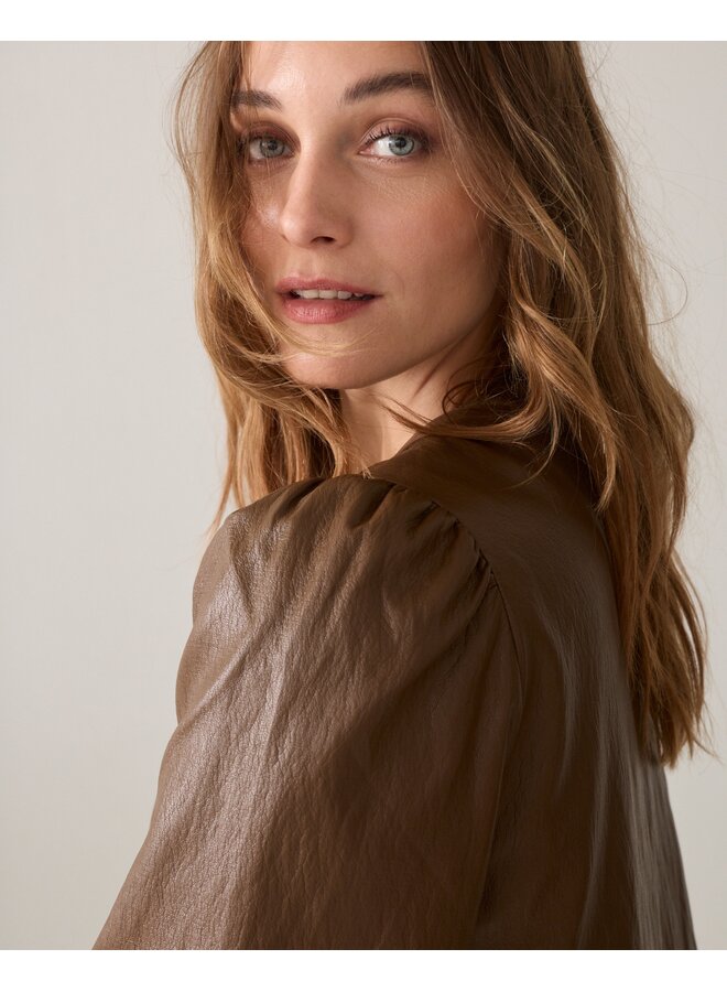 2s3578-12526 756 Summum Puff sleeve top Soft faux leather  Sepia brown