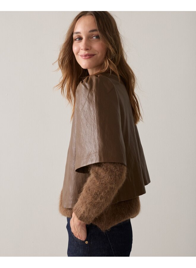 2s3578-12526 756 Summum Puff sleeve top Soft faux leather  Sepia brown