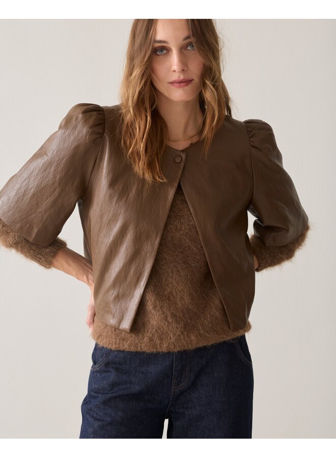 2s3578-12526 756 Summum Puff sleeve top Soft faux leather  Sepia brown