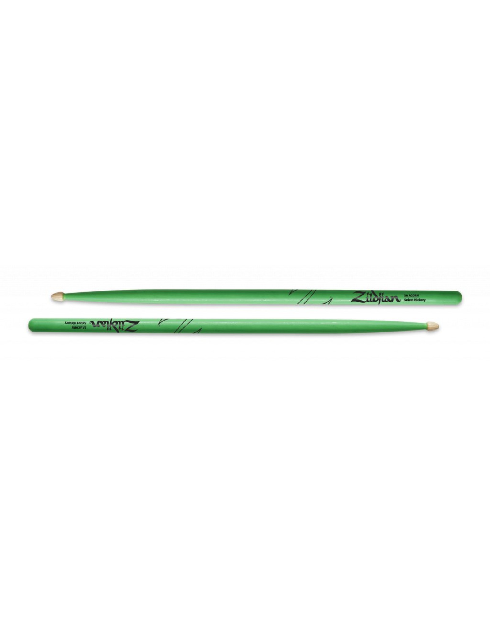 Zildjian Z5AACDGG Drumsticks, Hickory Wood Tip 5A Acorn, neon green