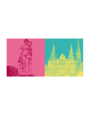 MAGNET-STORIES Lübeck - Figur Puppenbrunnen + Holstentor und St. Petri