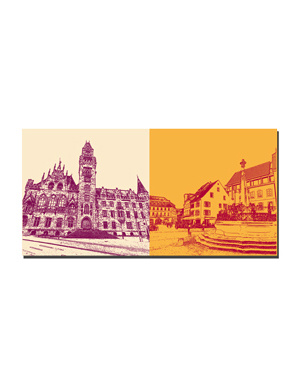 ART-DOMINO® BY SABINE WELZ Sarrebruck - Hôtel de ville avec tour de l'hôtel de ville + St. Johanner Markt