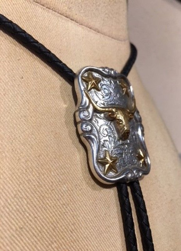 Bolo tie with gold colored longhorn and stars