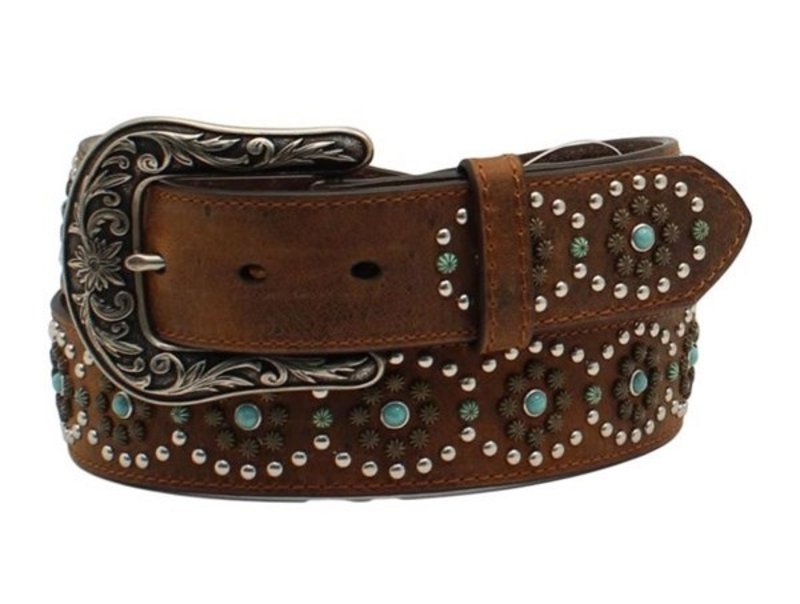 Nocona  Brown leather belt with studs and turquoise stone