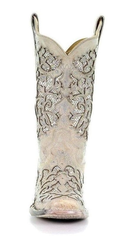 Corral  White  leather cowboy boots with glitter and square toe