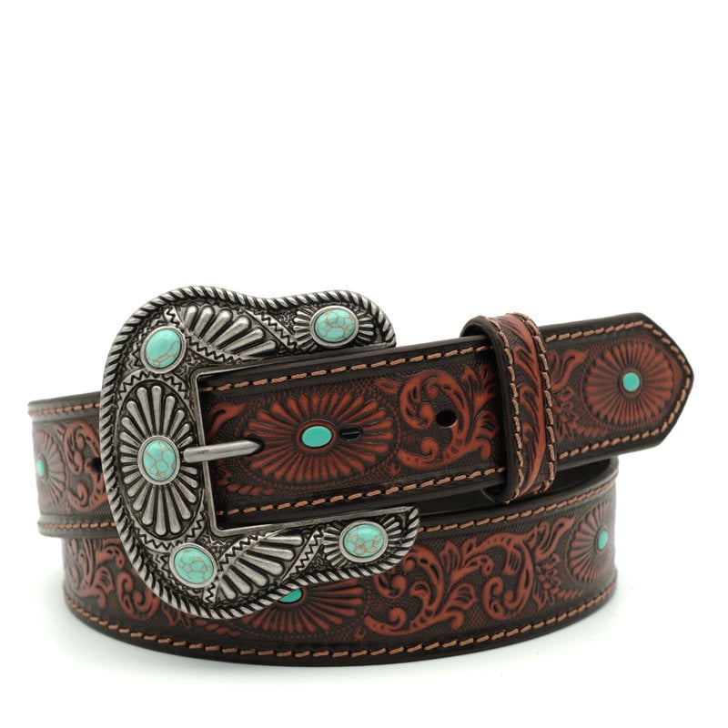 Nocona  Brown leather belt with buckle with turquoise accents