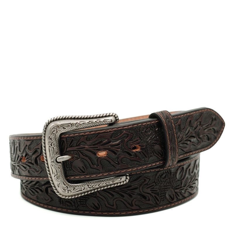 Nocona  Dark brown leather belt with leaf motif