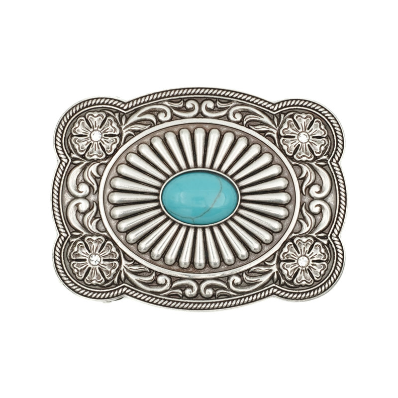 Nocona  Silver metal buckle with turquoise and flowers