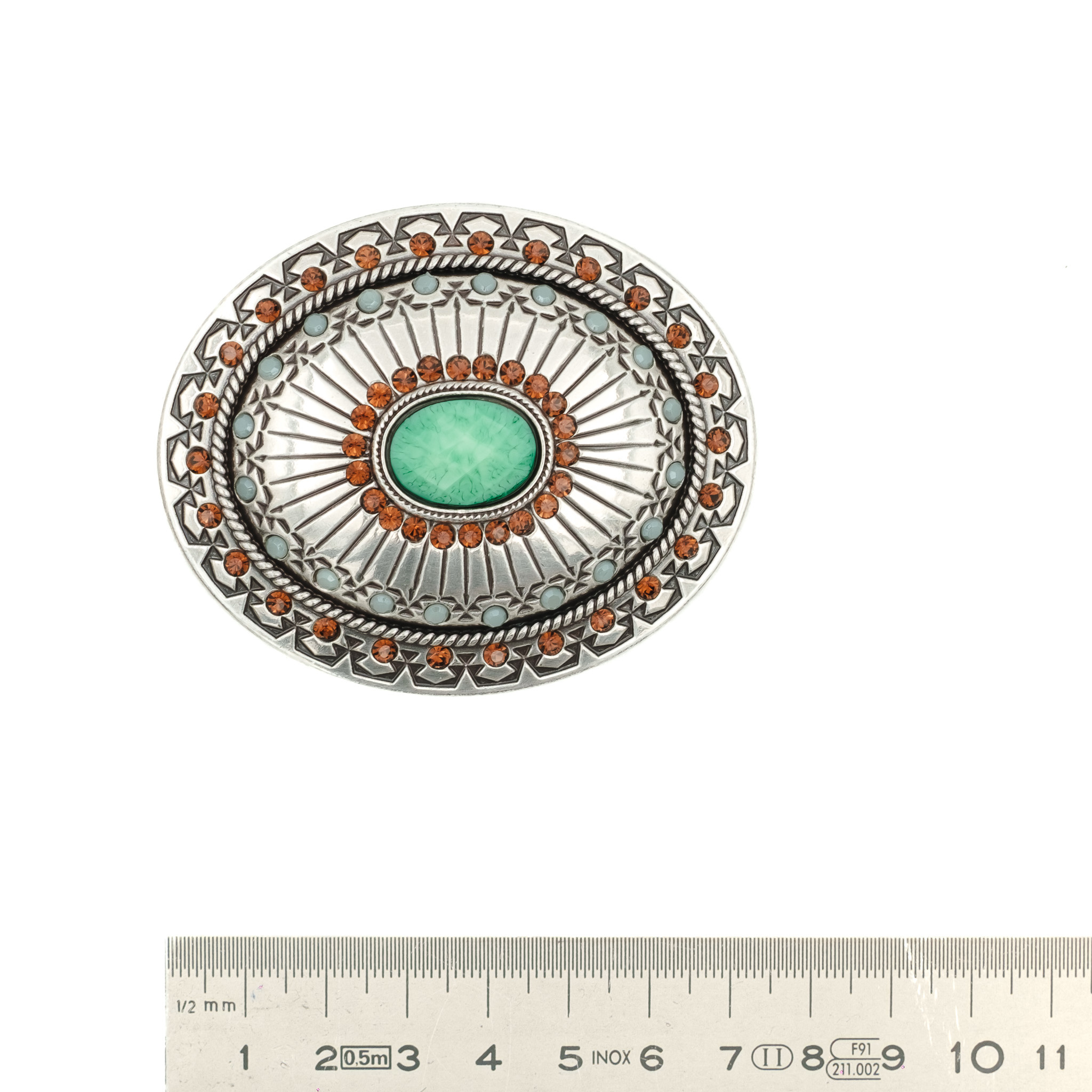 Blazin' Roxx Ovale buckle met groene steen en gekleurde strass