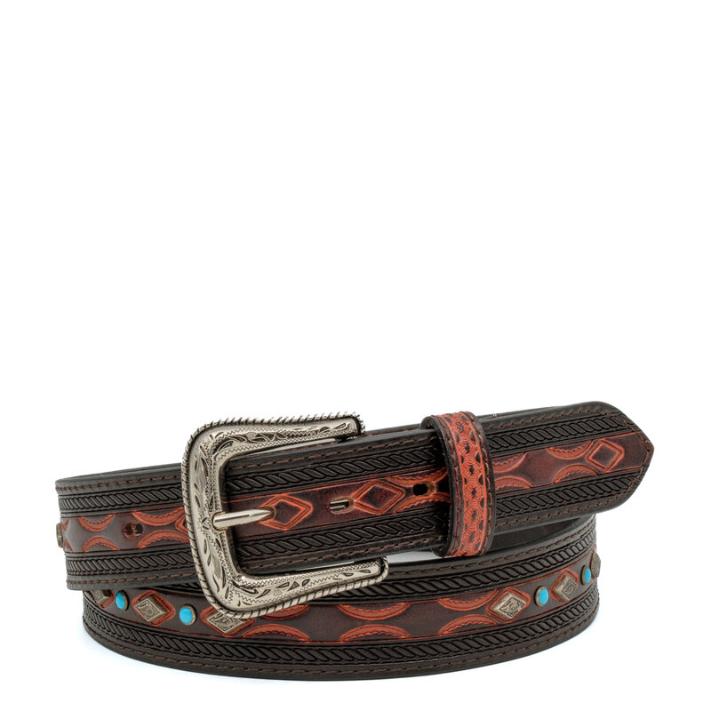 Ariat Brown leather belt with turquoise studs