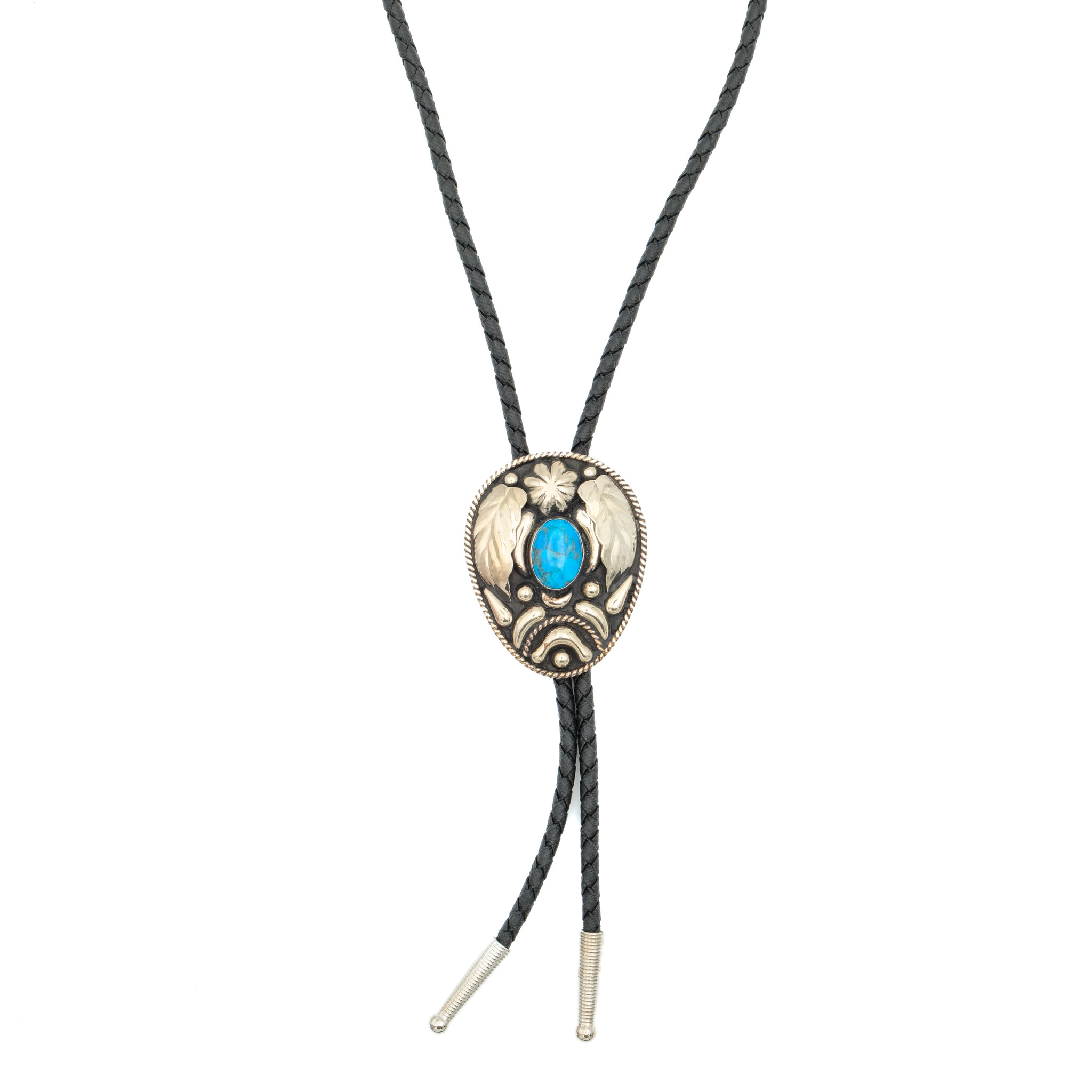 Double S Bolo tie goudkleurig bladmotief en turquoise steen