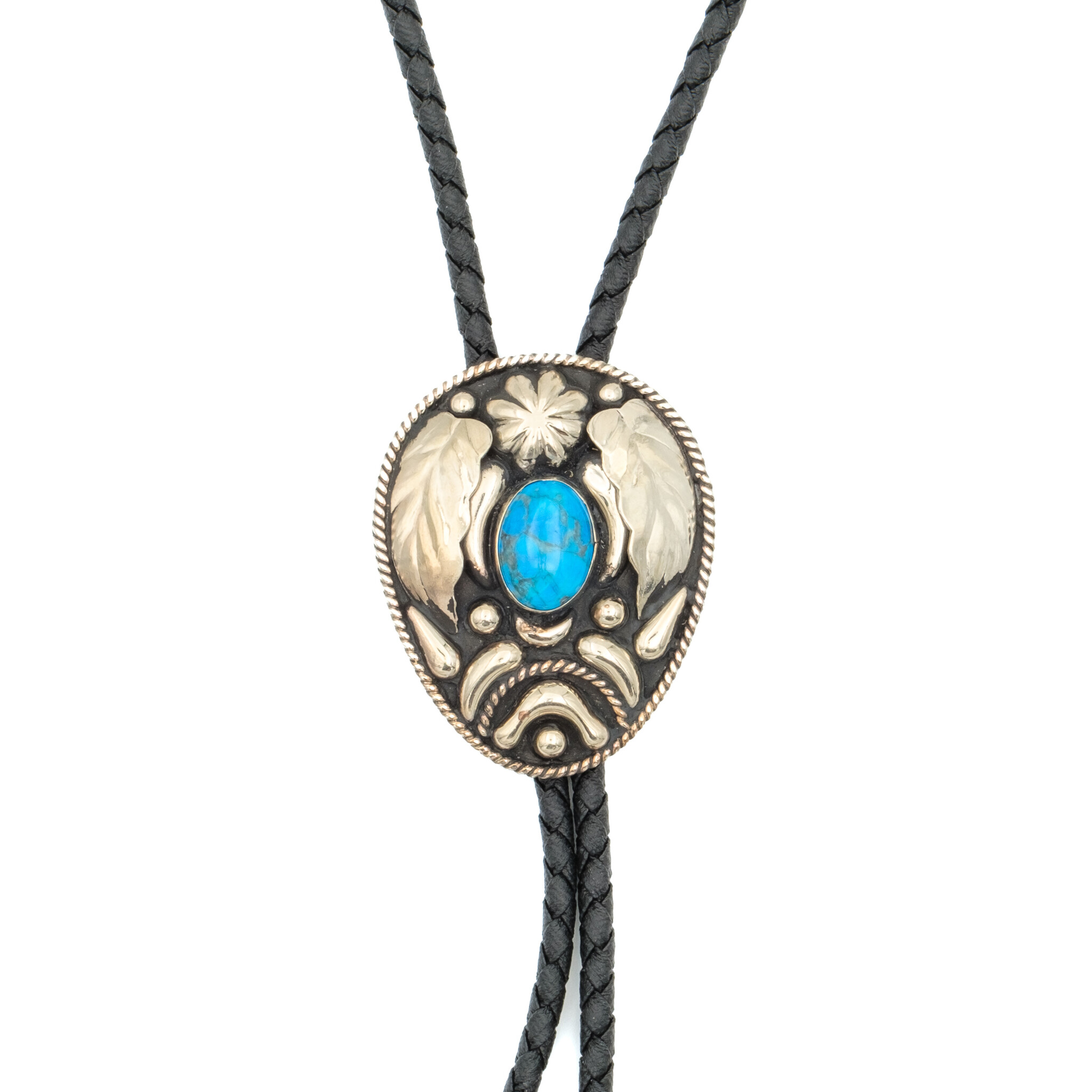 Double S Bolo tie goudkleurig bladmotief en turquoise steen