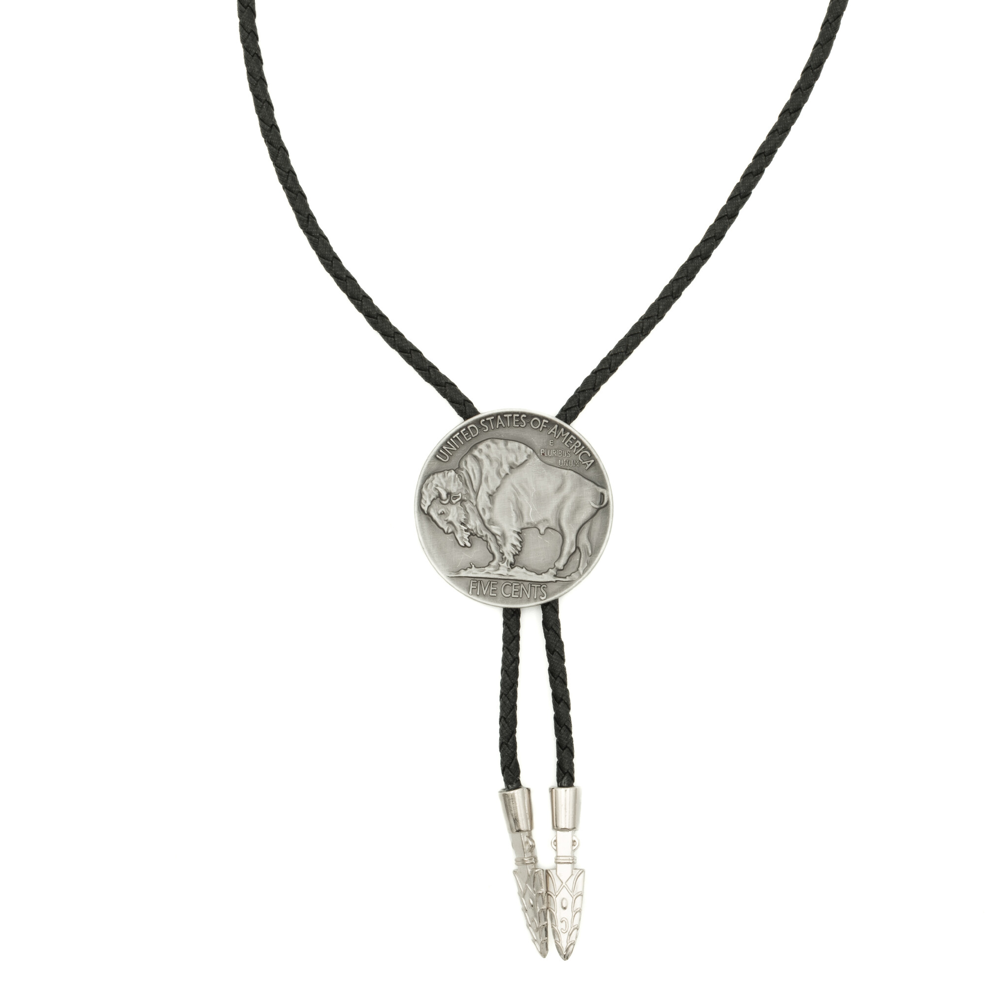 Double S Ronde metalen bolo tie met bizon