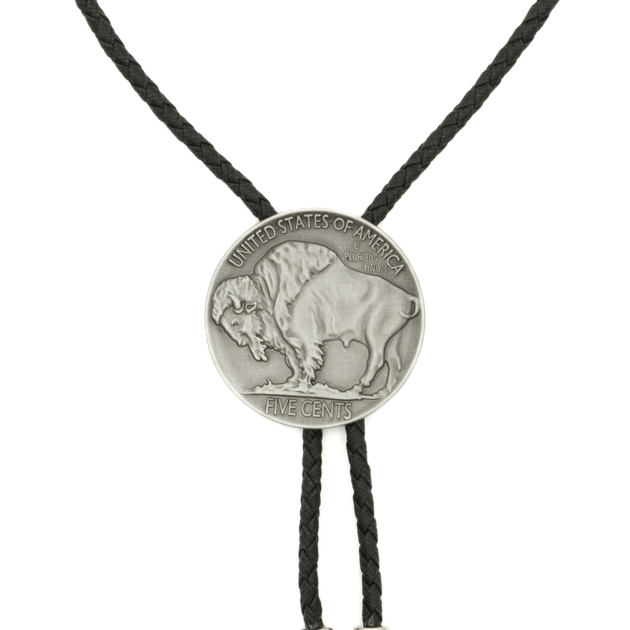 Double S Ronde metalen bolo tie met bizon