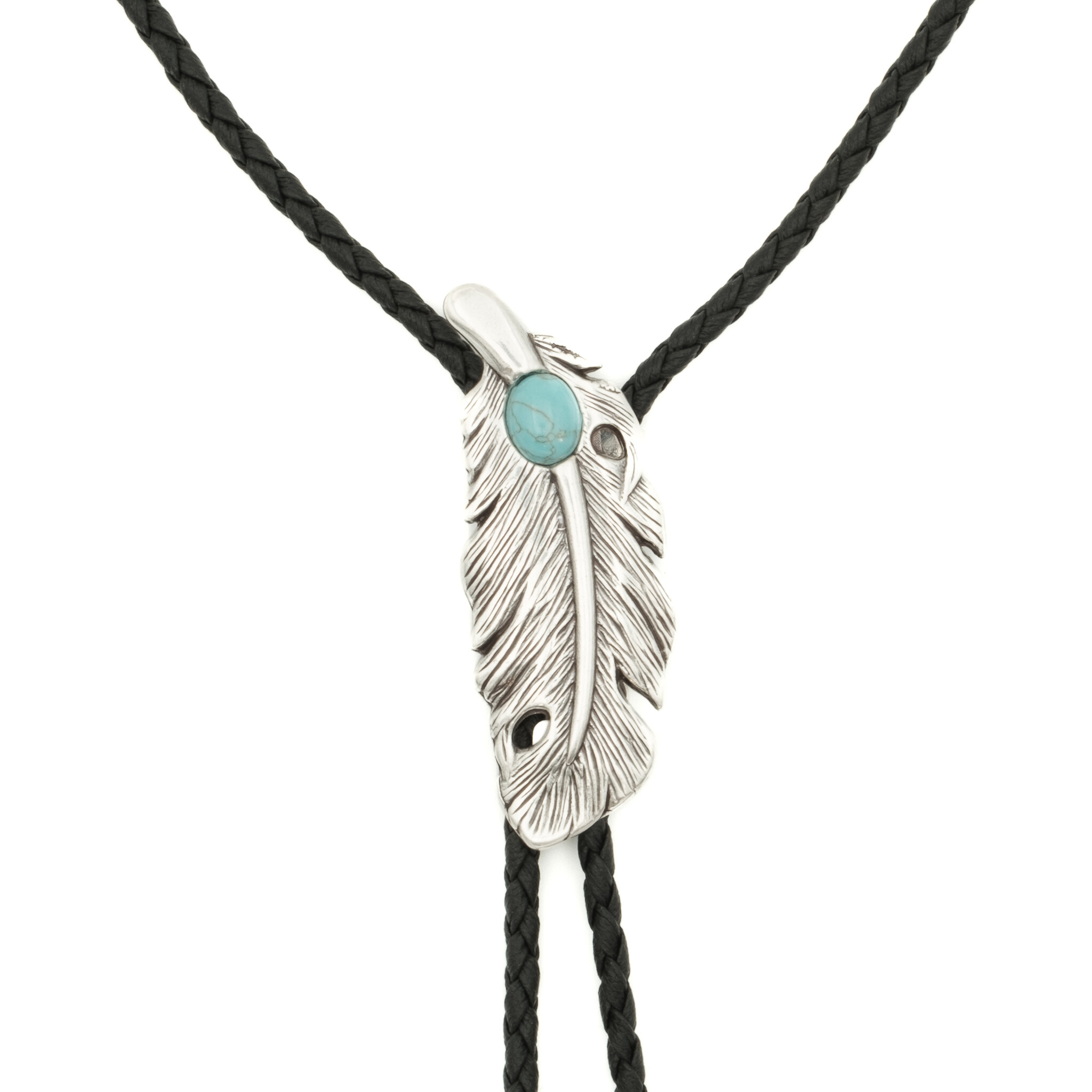 Double S Bolo tie feather with turquoise stone