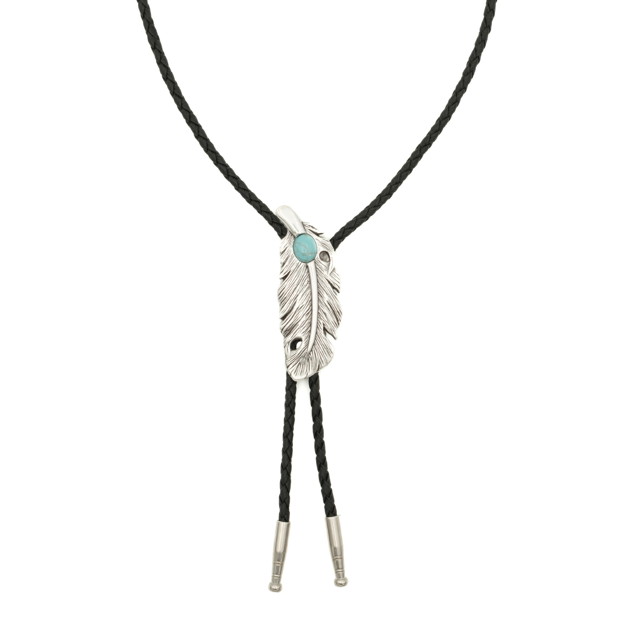 Double S Bolo tie feather with turquoise stone