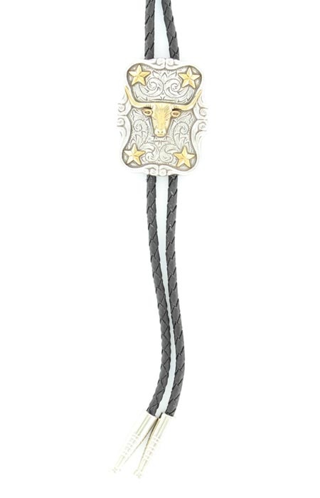 Double S Bolo tie with gold colored longhorn and stars
