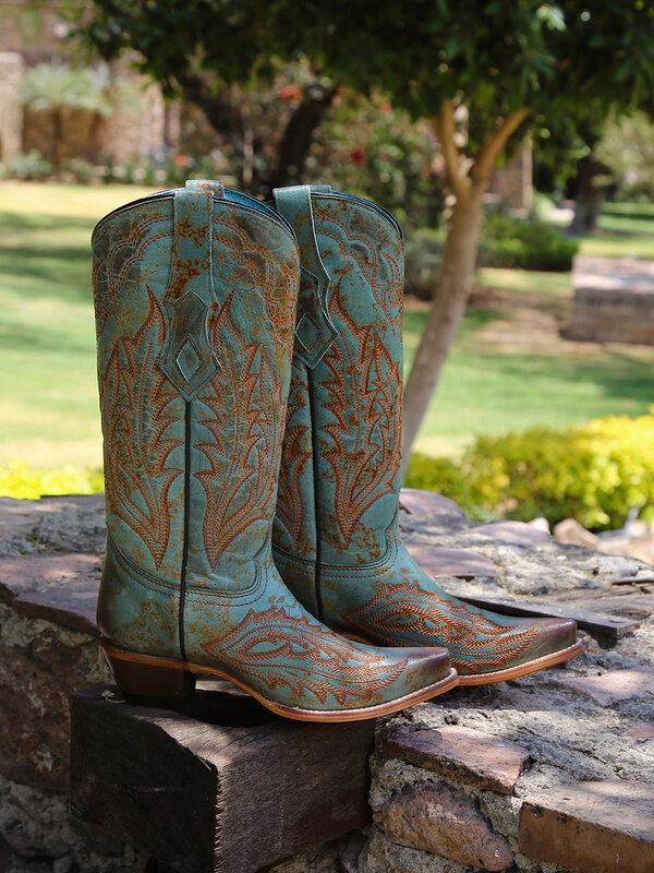 Handmade Turquoise Leather Cowboy Boot - Corral - Boots by M