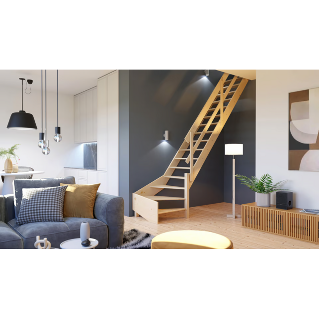 Cottage Große feste Treppe viertelgewendelt extra breit Fichte - 80 cm breit
