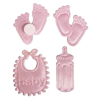 Embellishments / Verzierungen Satin Streuteile Fußspur & Flasche & Latz in Babyrosa