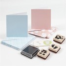 KARTEN und Zubehör / Cards Set di artigianato: set per neonato, biglietti e francobolli, formato della carta 7,5x7,5 cm, formato busta 8,5x8,5 cm, azzurro, rosa chiaro, bambino